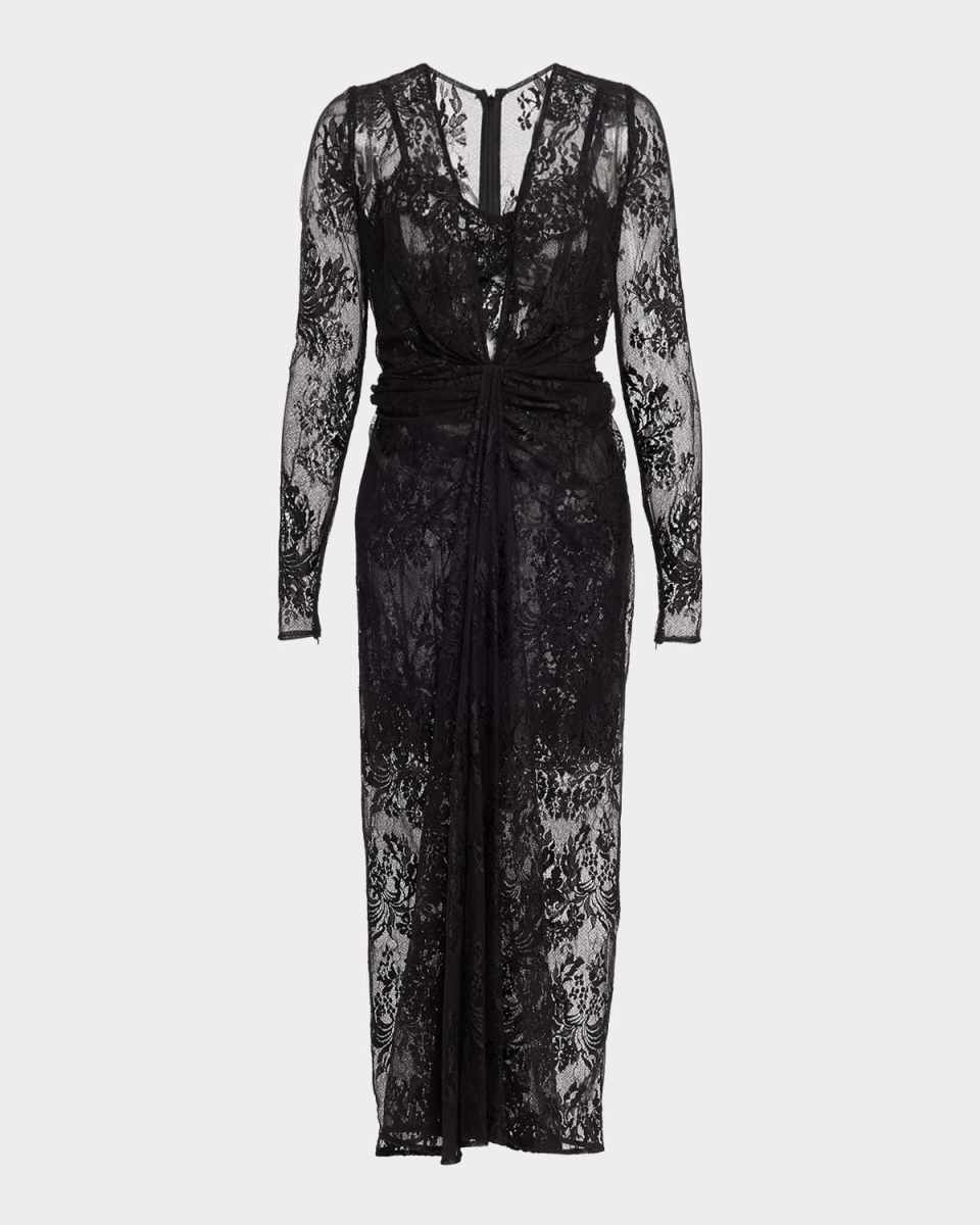 Plunging Twisted Chantilly Lace Long-Sleeve Midi Dress